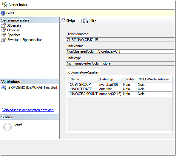 Create a Column Store Index in Dynamics AX 2012 R3 database